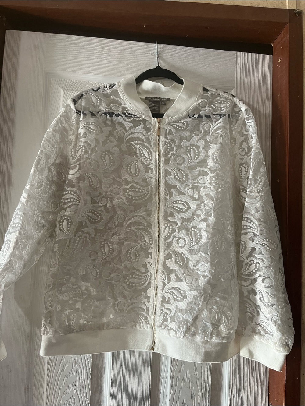 Kate & Mallory Sheer White Floral Lace Bomber Zipper Jacket - Size XL Like New